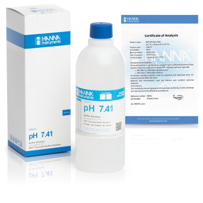 Solución pH 7.40, +-0.01, 500 ml. caja y cert