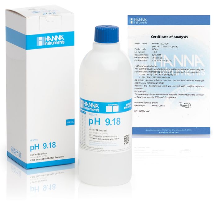 500 ml, pH 9.18, +/- 0.01 pH, carcaza y cert